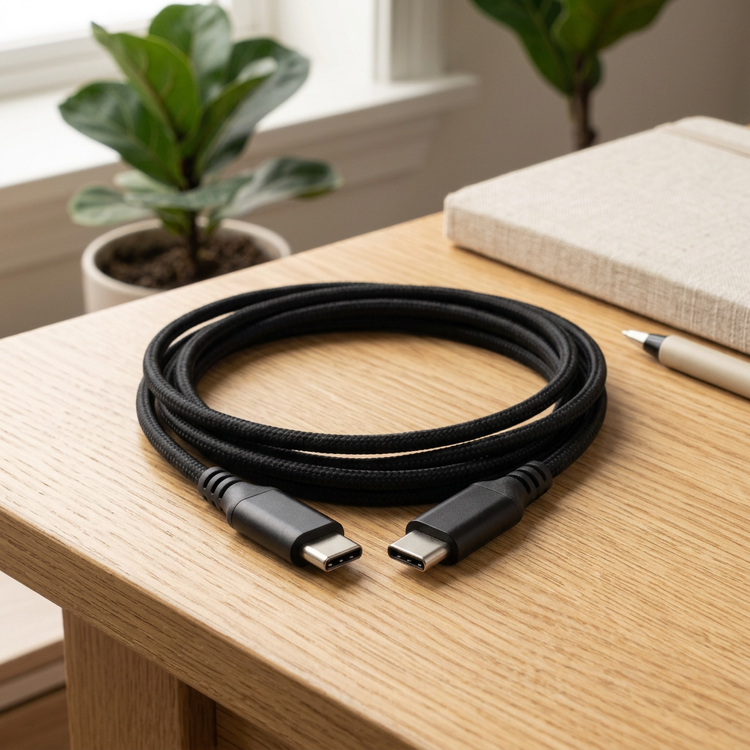 Illustration provisoire du câble USB-C noir sur un bureau